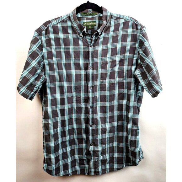 Eddie Bauer Mens Relaxed Button Up Shirt Medium Blue Black Plaid Short Sleeve - Picture 1 of 6